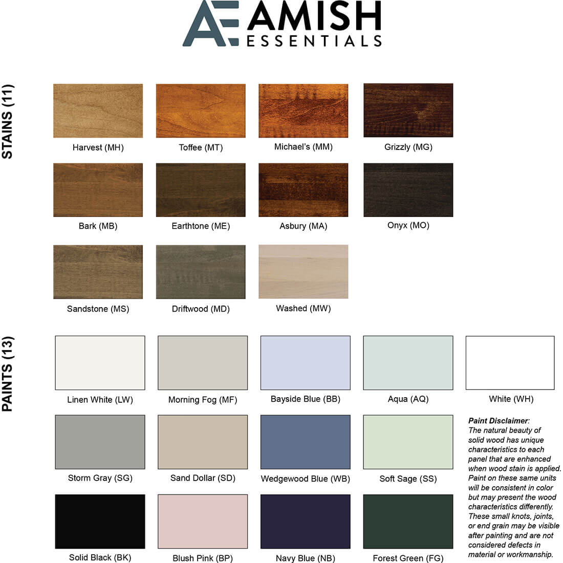 Archbold Furniture Amish Essentials Maple Stains
